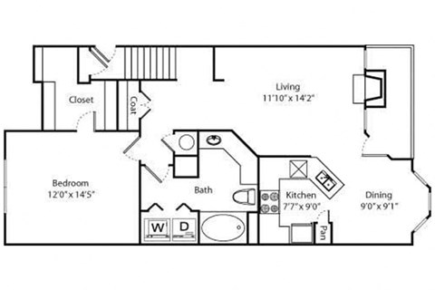 Floor plan for 1 bed, 1 bath, 927 sqft